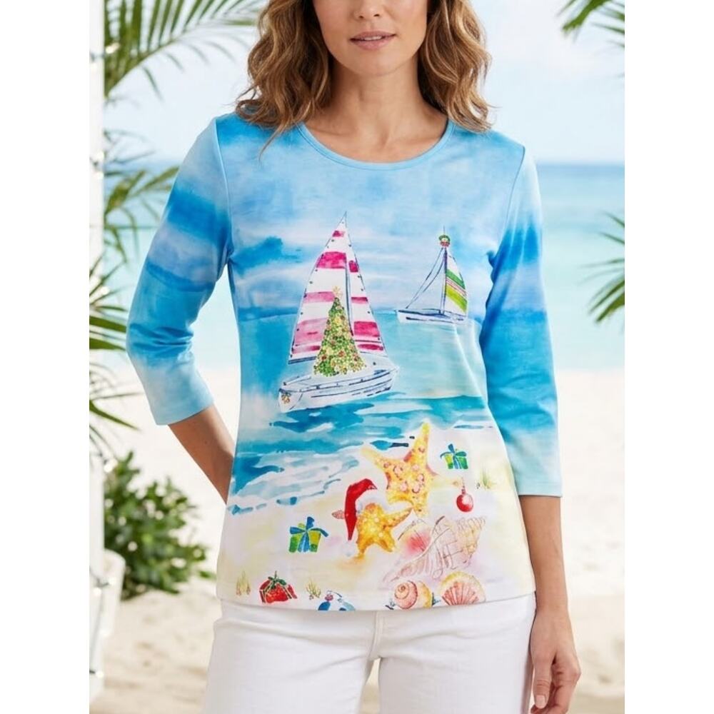 Coral Bay Christmas Coastal Tunic M Beach Holiday Festive Top